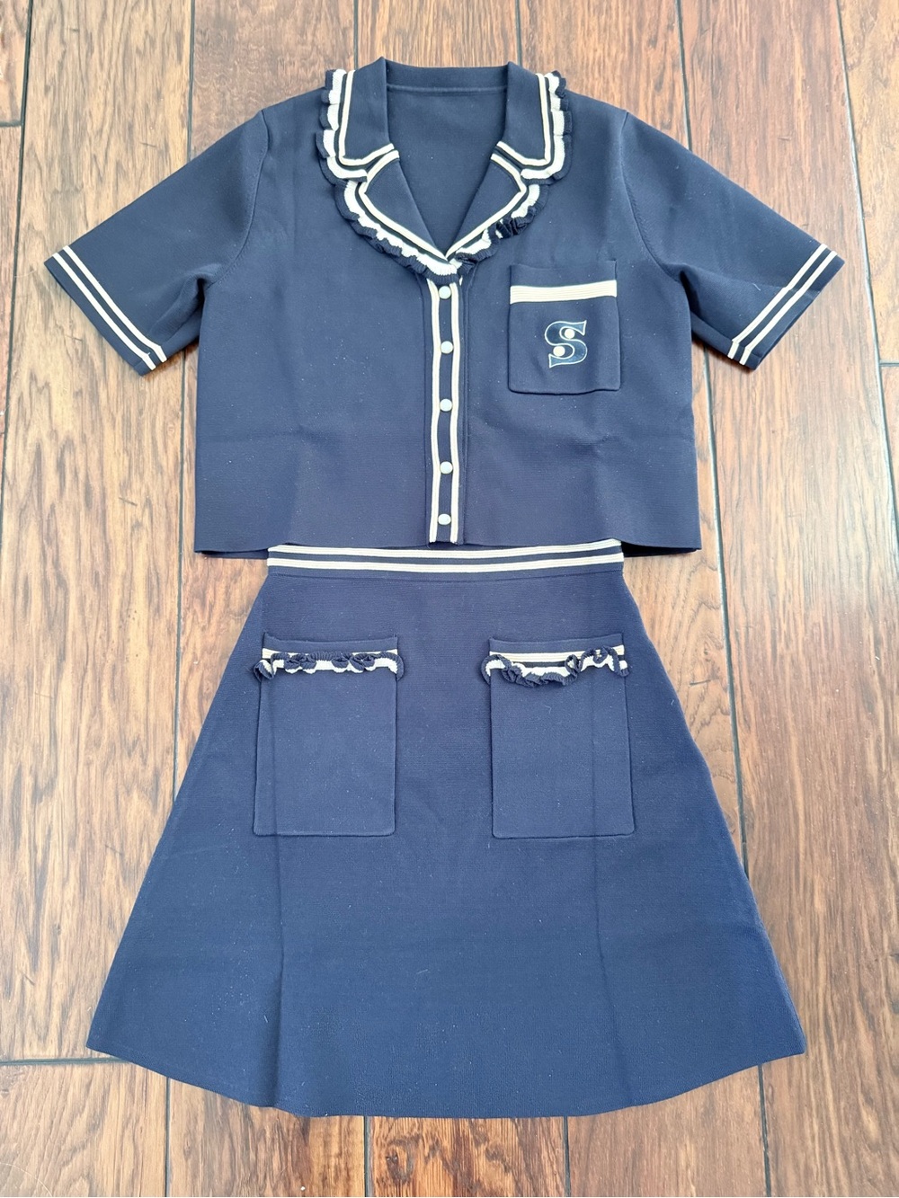 Sandro Navy Two-Piece Skirt Set with Contrast Trim